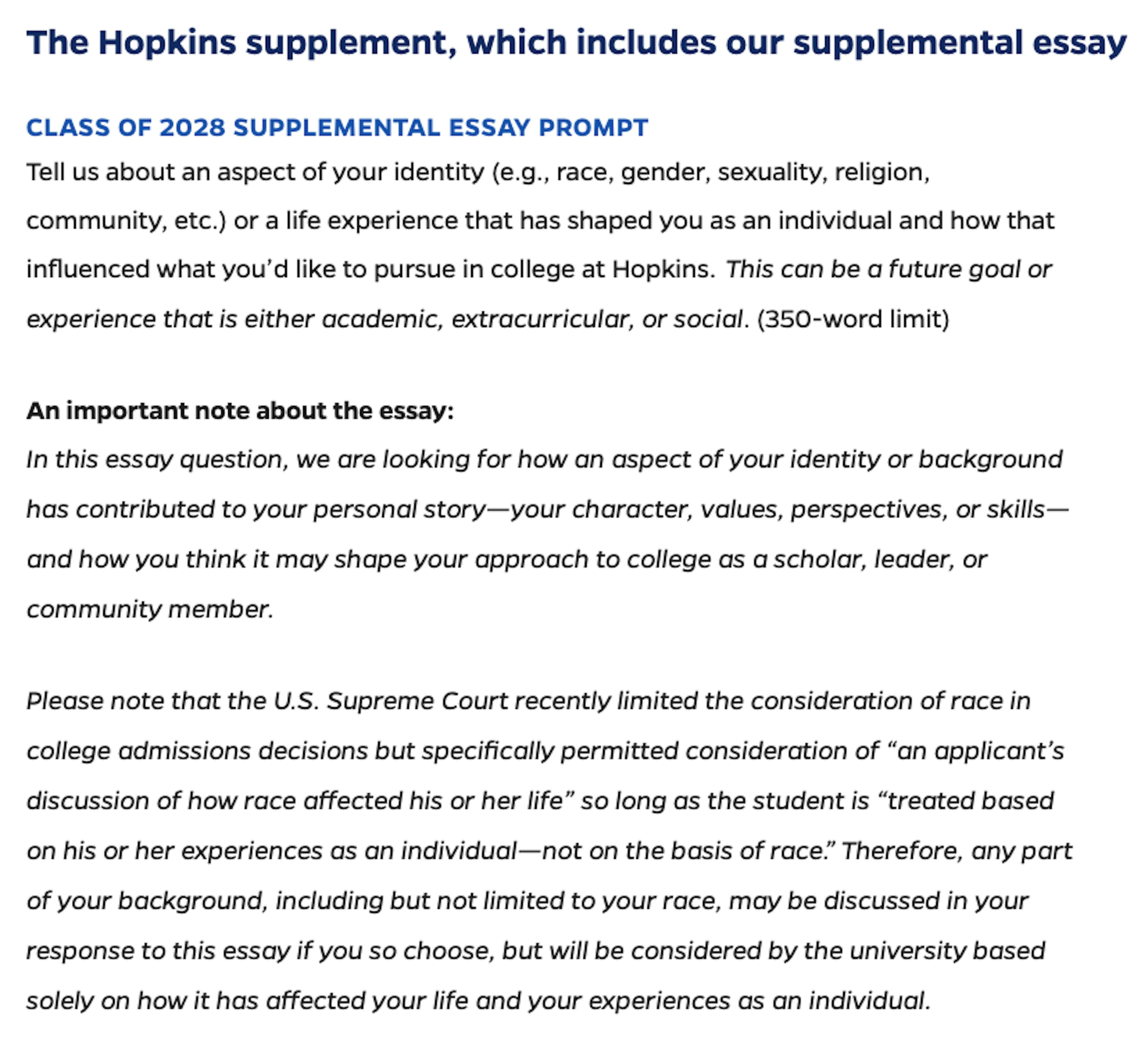 johns hopkins supplemental essays that worked