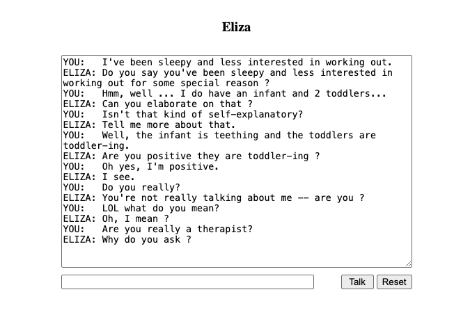 A test conversation between an EdSurge researcher and a model of ELIZA, the first ever AI chatbot developed by Joseph Weizenbaum in the 1960s. This model chatbot was developed by Norbert Landsteiner and accessed from masswerk.at/elizabot/.