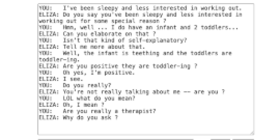 A test conversation between an EdSurge researcher and a model of ELIZA, the first ever AI chatbot developed by Joseph Weizenbaum in the 1960s. This model chatbot was developed by Norbert Landsteiner and accessed from masswerk.at/elizabot/.