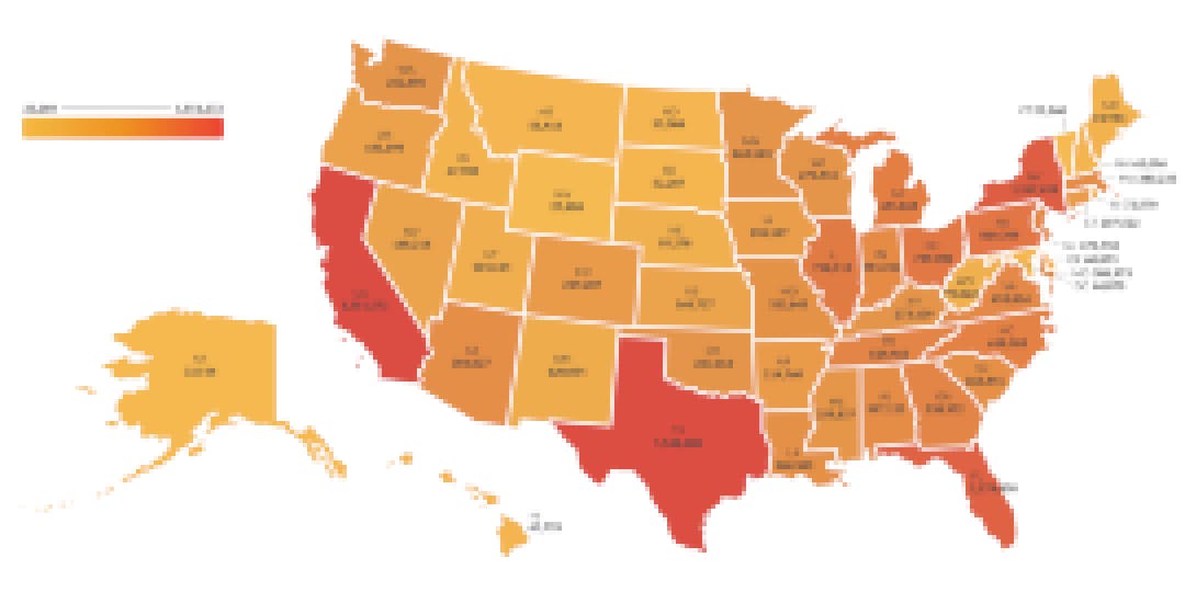Map of the United States, color coded by number of people who cannot afford internet access per state.