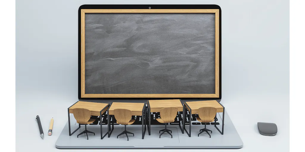 A MacBook with a chalkboard on the display and four student desks and seats on the trackpad. There is a pen and pencil on the left and an Apple Magic Mouse on the right.