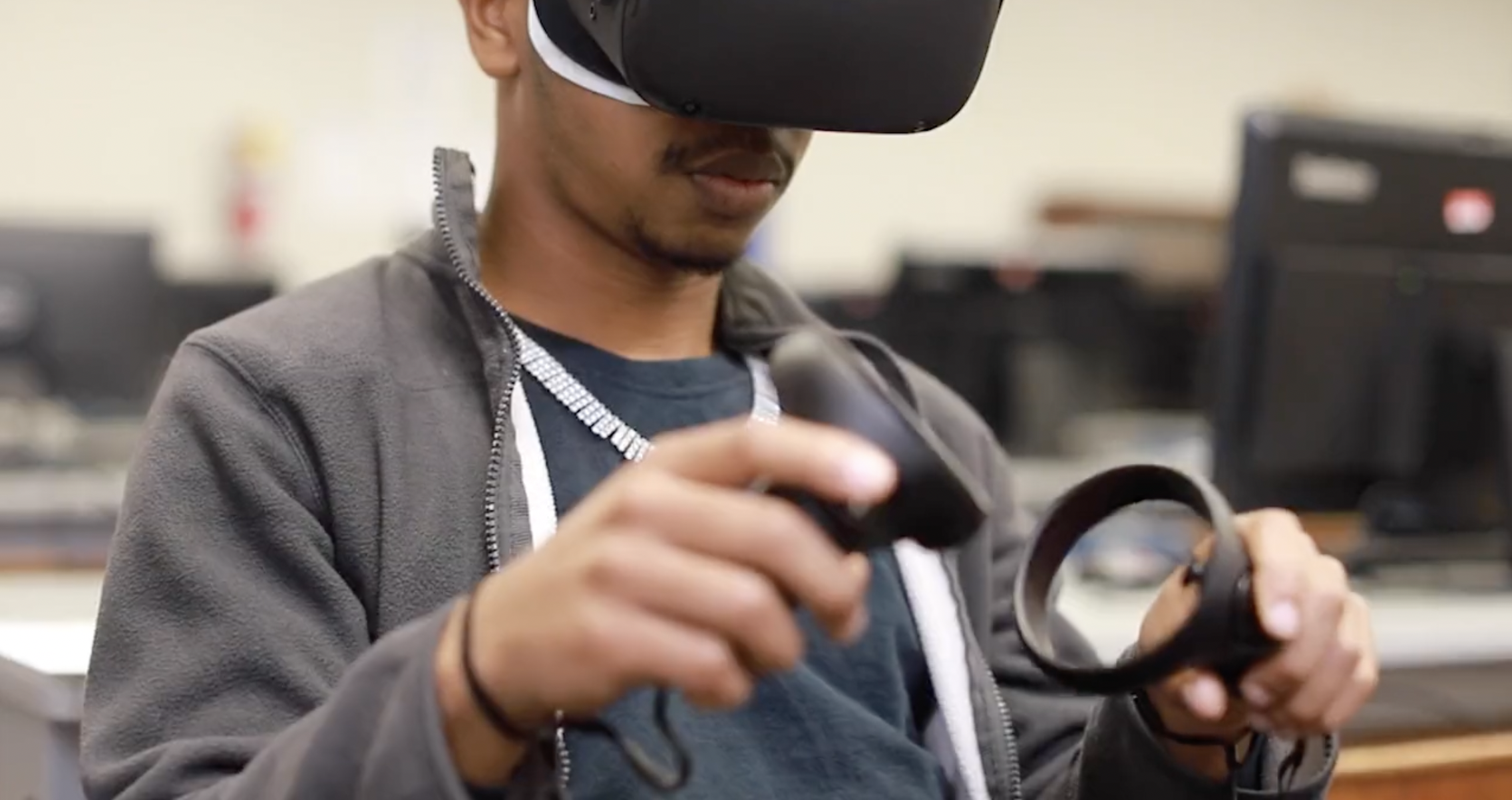 These scenes from a Transfr demo show how students use their VR training program to explore potential career paths. 