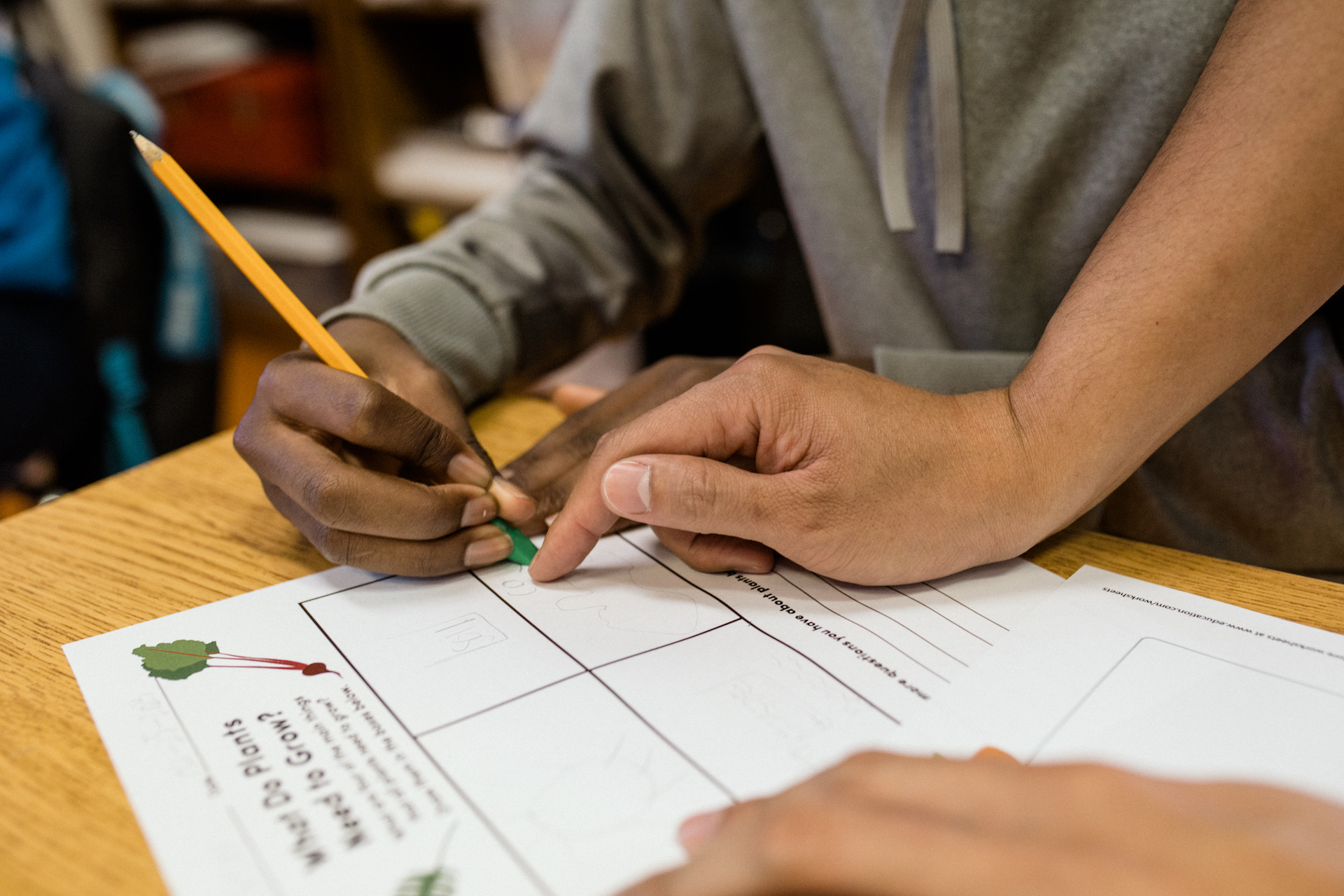 Sagun guides a student filling out a science worksheet.