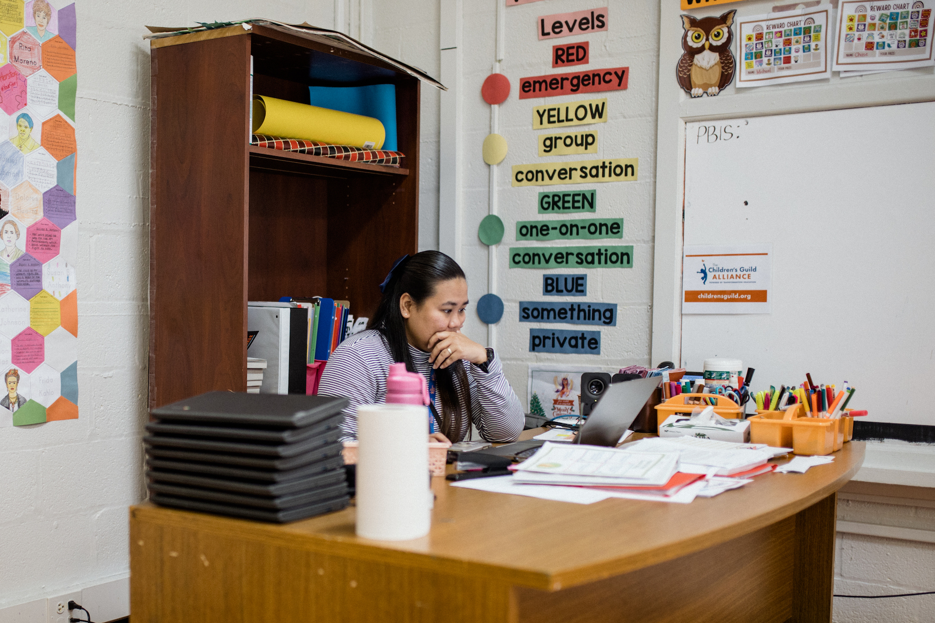 Evangelista prepares for class.